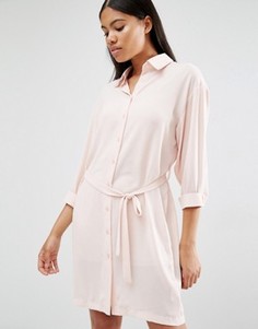 Платье-рубашка с длинными рукавами и поясом Love - Розовый