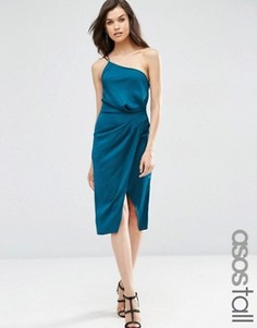 Атласное платье-футляр миди на одно плечо с драпировкой ASOS TALL - Зеленый