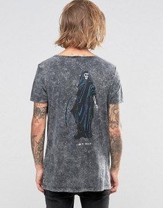 Длинная футболка с эффектом кислотной стирки и принтом ASOS - Серый