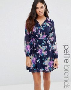 Короткое приталенное платье‑рубашка с цветочным принтом Yumi Petite - Темно-синий