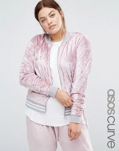 Бархатная спортивная куртка-пилот с кантом ASOS CURVE Co-ord - Розовый