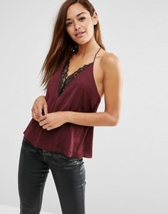 Атласный топ с кружевной вставкой и глубоким вырезом ASOS - Красный