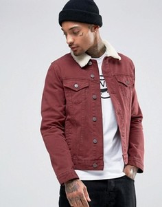 Бордовая джинсовая куртка слим с меховым воротником ASOS - Красный