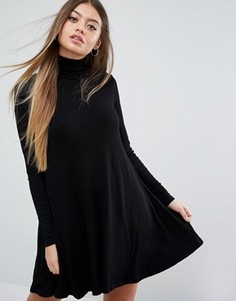 Свободное платье в рубчик с воротником поло и длинными рукавами ASOS - Черный