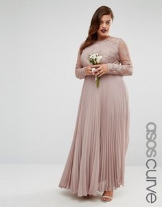 Плиссированное платье макси с кружевом ASOS CURVE WEDDING - Розовый
