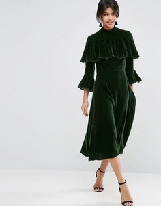 Бархатное платье миди с оборками на рукавах ASOS - Зеленый