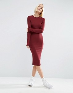 Облегающее платье миди в рубчик с длинными рукавами ASOS - Красный