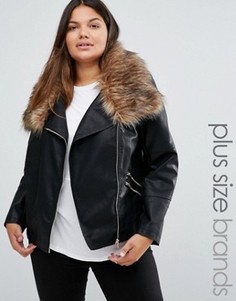 Куртка в кожаном стиле с искусственным мехом на воротнике New Look Plus - Черный