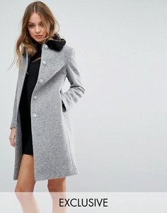 Пальто в винтажном стиле с контрастным воротником из искусственного меха Helene Berman - Серый