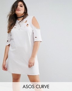 ASOS CURVE Cold Shoulder Nibbled T-Shirt Dress - Бежевый