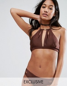 South Beach Chocolate Plunge Bikini Top With Gold Bar - Коричневый