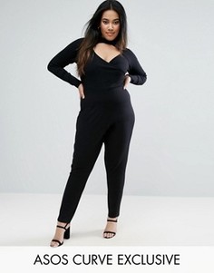 Комбинезон с длинными рукавами и вырезом ASOS CURVE - Черный