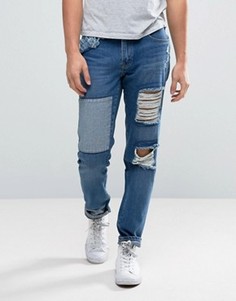 Зауженные джинсы с рваной отделкой и заплатками Waven - Синий