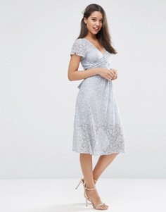 Кружевное платье миди с запахом и завязкой ASOS WEDDING - Серый