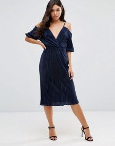 Плиссированное платье миди с вырезами на плечах ASOS - Темно-синий