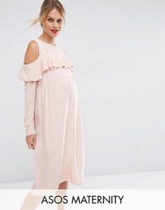 Платье для беременных с рюшами спереди и вырезами на плечах ASOS Maternity - Розовый