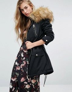 Парка с искусственным мехом и отделкой из искусственной кожи Miss Selfridge - Черный