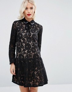 Свободное кружевное платье с отделкой на воротнике ASOS PREMIUM - Черный