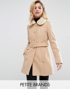 Пальто с воротником из искусственного меха Miss Selfridge Petite - Бежевый