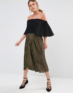 Атласная плиссированная юбка миди New Look - Зеленый