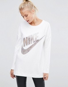 Белый лонгслив с крупным логотипом цвета металлик Nike - Белый