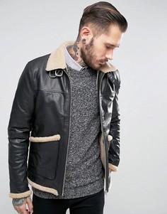 Черная кожаная куртка с подкладкой из искусственного меха ASOS - Черный