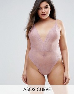 Кружевное боди с высоким вырезом по бедру ASOS CURVE Bailey - Розовый