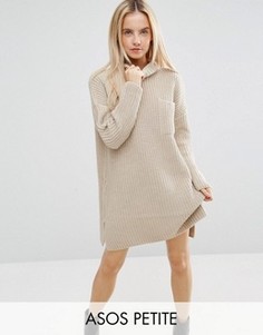 Свободное вязаное платье в рубчик с карманом ASOS PETITE - Бежевый