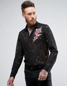 Кружевная рубашка классического кроя с цветочной вышивкой ASOS - Черный