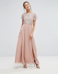 Платье макси с декорированным пайетками топом и расклешенными рукавами Frock &amp; Frill - Розовый