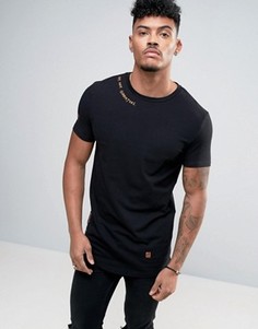 Длинная обтягивающая футболка с асимметричным краем и принтом ASOS - Черный