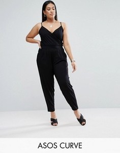 Трикотажный комбинезон на бретельках с запахом и сетчатыми вставками ASOS CURVE - Черный