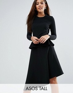 Приталенное платье миди в рубчик с баской ASOS TALL - Черный