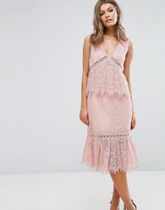 Кружевное платье миди с V-образным вырезом и оборками Foxiedox - Розовый