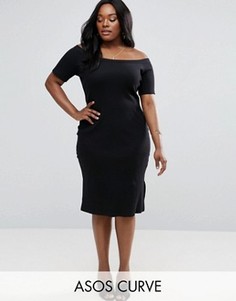 Облегающее платье с открытыми плечами и головиной в рубчик ASOS CURVE - Черный
