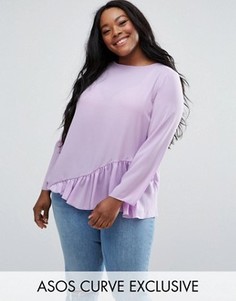 Длинная блузка с длинными рукавами и асимметричной оборкой ASOS CURVE - Фиолетовый