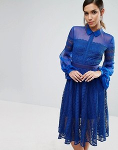 Кружевное платье миди с прозрачными рукавами Three Floor - Синий