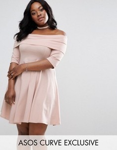 Короткое приталенное платье со спущенными плечами и рукавами 3/4 ASOS CURVE - Розовый