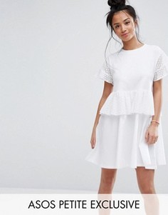Короткое приталенное платье из хлопка с кружевной отделкой ASOS PETITE - Белый