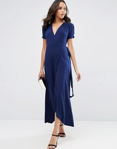 Платье макси из крепа с запахом и короткими рукавами ASOS - Темно-синий