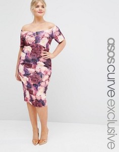Платье-футляр миди с цветочным принтом ASOS CURVE SALON - Фиолетовый