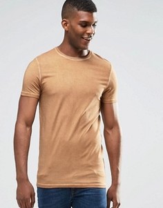 Длинная бежевая облегающая футболка с маслянистым эффектом ASOS - Бежевый