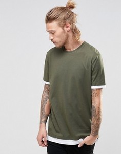 Удлиненная футболка цвета хаки с контрастными манжетами и краем ASOS - Зеленый