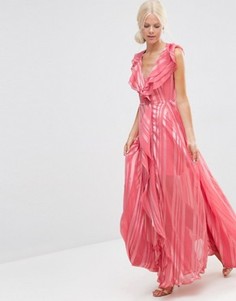 Платье макси в полоску с каскадными рюшами и молнией спереди ASOS - Розовый