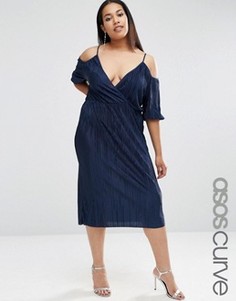 Плиссированное платье миди с вырезами на плечах ASOS CURVE - Темно-синий