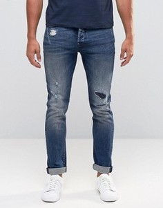 Стретчевые джинсы скинни с рваной отделкой и заплатками Only &amp; Sons - Синий