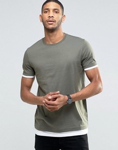 Удлиненная футболка цвета хаки с контрастными манжетами и краем ASOS - Зеленый