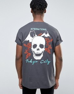 Oversize-футболка с отворотами на рукавах, вышивкой и принтом на спине ASOS - Черный