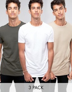 3 длинных обтягивающих футболки (белая, черная, хаки) ASOS - СКИДКА - Мульти