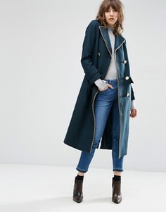 Пальто миди из смесовой шерсти с отделкой в стиле милитари ASOS - Зеленый